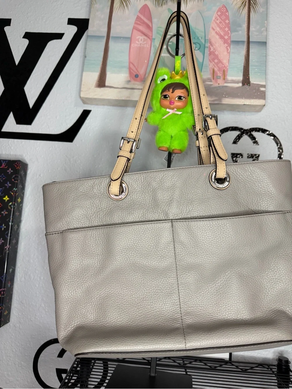 Michael Kors Pebbled Leather Tote Bag in Light Gray with Beige Handles